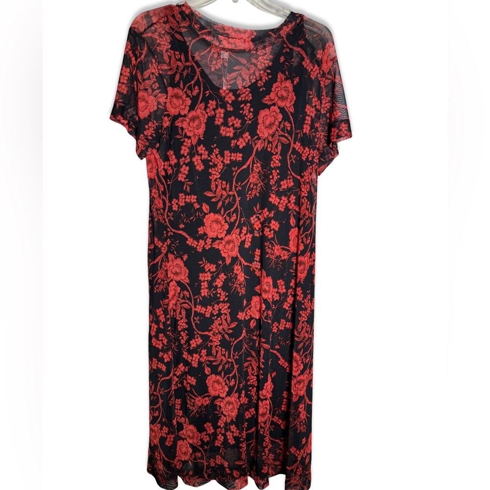 Superfoxx Dress Sz XL Red Black Mesh Midi Dress Short Sleeve Lined Stretch